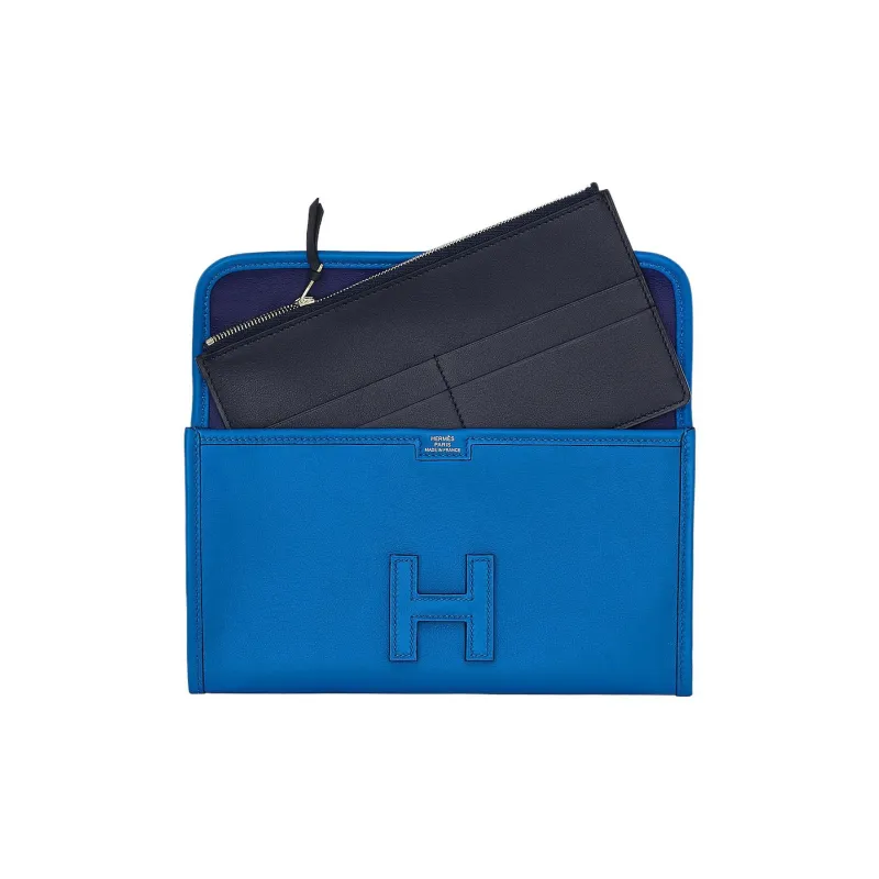 HERMES Jige Elan Swift Leather Coin Purses Wallets Women's Blue-1