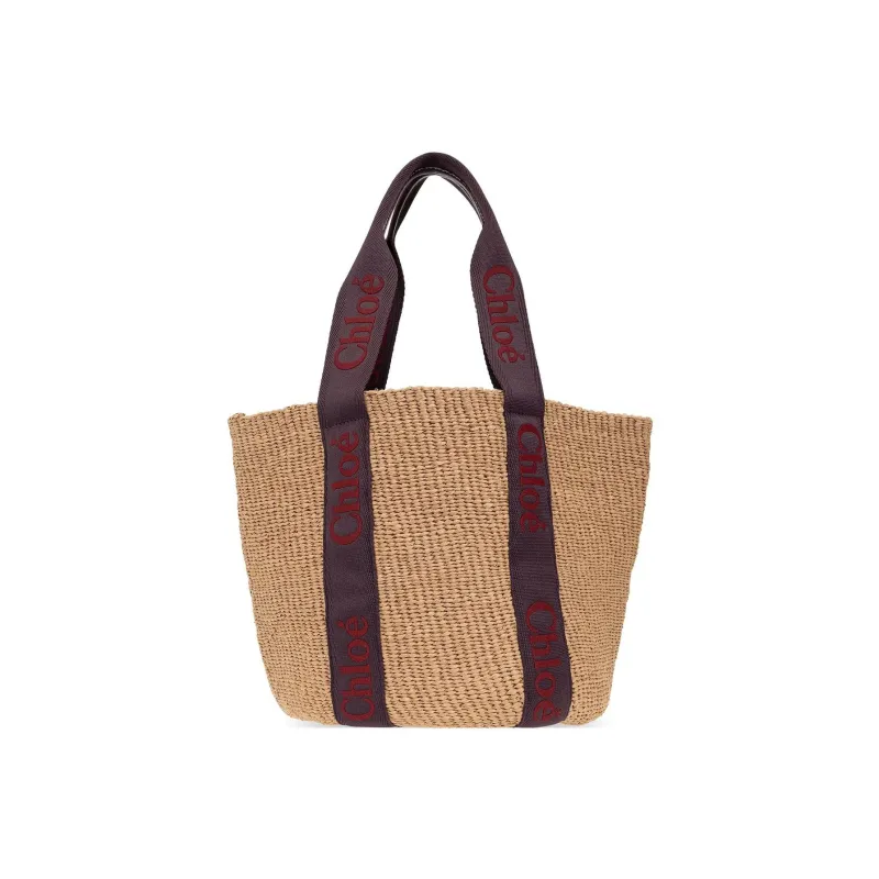 Chloe Woody Calfskin Tote Bag One Shoulder Handbag Large Size Women's Fuchsia/Natural-0