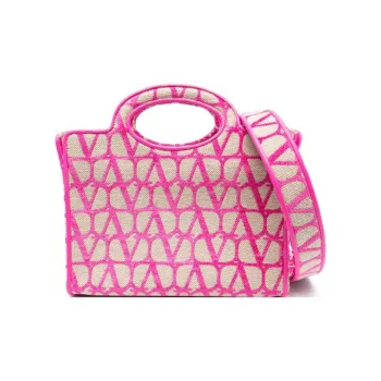 Valentino Fabric With Calfskin Tote Bag Shopping Bag Shoulder Bag Crossbody Bag Handbag Women's Ecru/Fuchsia