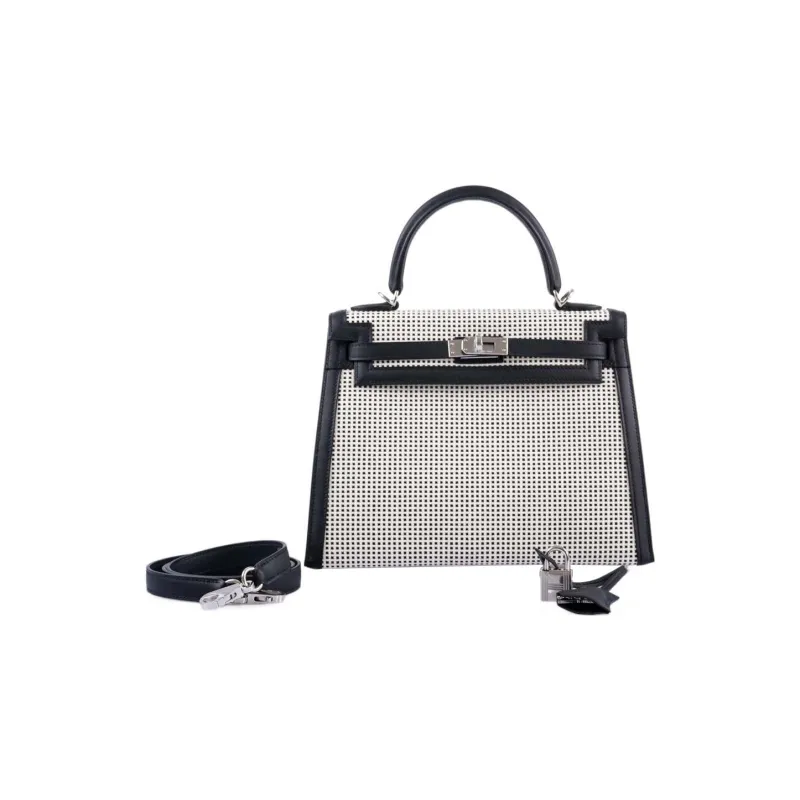 HERMES Kelly Swift Leather With Canvas Kelly Bag Shoulder Bag Crossbody Bag Handbag Regular Women's Black-1