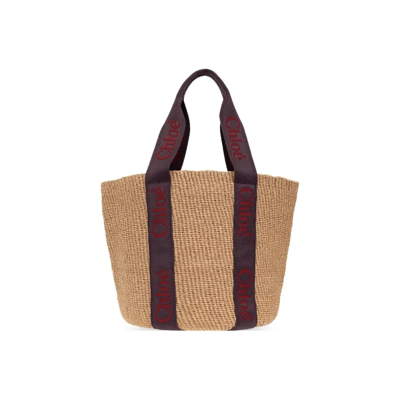 Chloe Woody Calfskin Tote Bag One Shoulder Handbag Large Size Women's Fuchsia/Natural-2