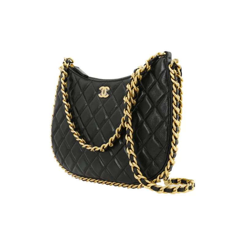 CHANEL Lambskin Hobo Bag, Portable Crossbody Bag, Shoulder Bag Women's Black-1