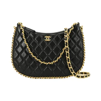 CHANEL Lambskin Hobo Bag Portable Crossbody Bag Shoulder Bag Women's Black