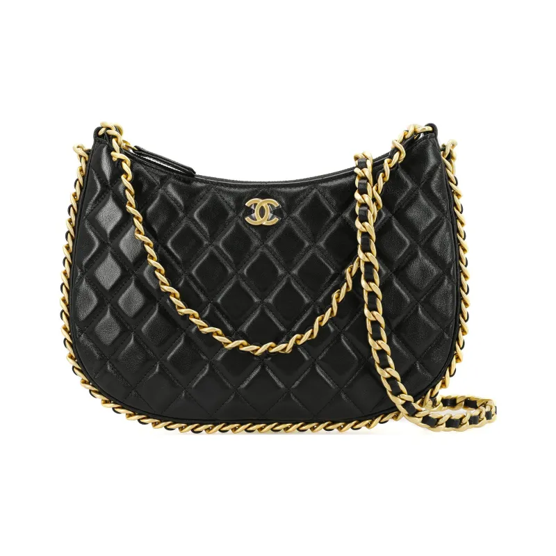 CHANEL Lambskin Hobo Bag, Portable Crossbody Bag, Shoulder Bag Women's Black-0