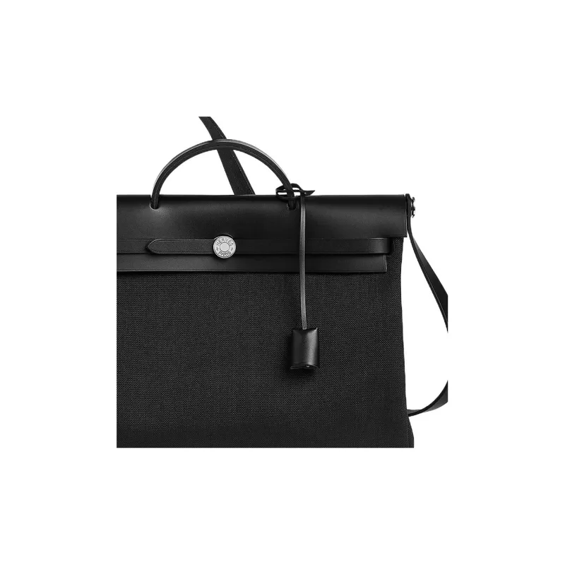 HERMES Herbag Messenger Canvas With Hunter Cow Leather Handbag Women's Black-3
