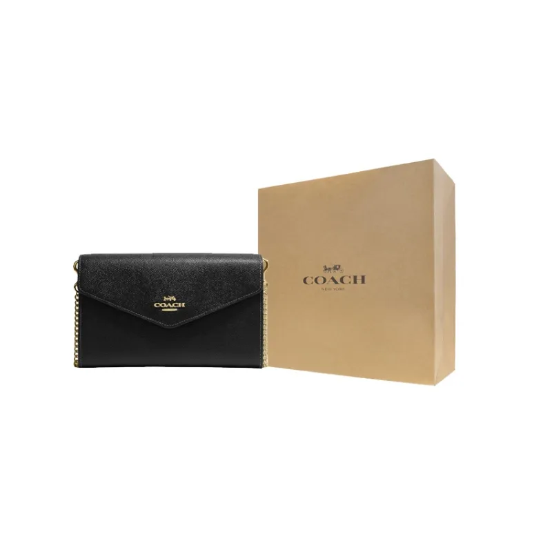 COACH Envelope Cow Leather Chain Bag One Shoulder Crossbody Clutches Medium Size Women's Black-5