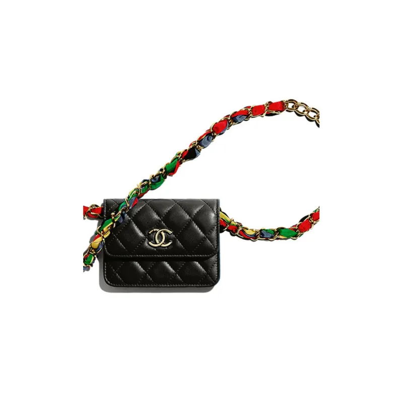 CHANEL Lambskin & Ribbon & Metal Rainbow Bag, Fanny Pack, Waist Chain Trumpets Women's Black/Colorful-1