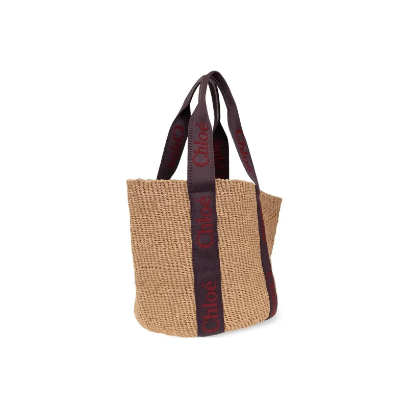 Chloe Woody Calfskin Tote Bag One Shoulder Handbag Large Size Women's Fuchsia/Natural-1