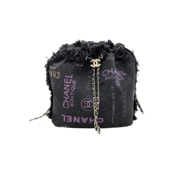 CHANEL Printed Denim Bucket Shoulder Bag Black