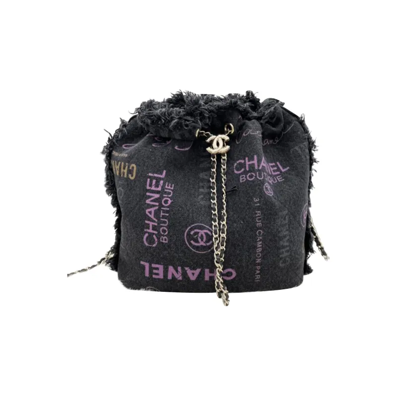 CHANEL Printed Denim Bucket Shoulder Bag Black-0