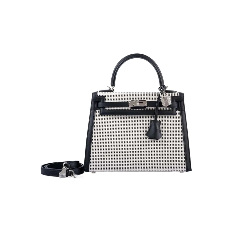 HERMES Kelly Swift Leather With Canvas Kelly Bag Shoulder Bag Crossbody Bag Handbag Regular Women's Black-4