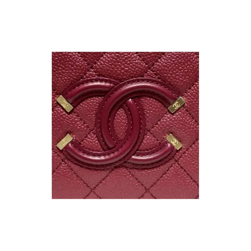 CHANEL Litchi Grain Calfskin Makeup Bag, One Shoulder Handbag, Crossbody Bag Trumpets Women's Dark Red-2