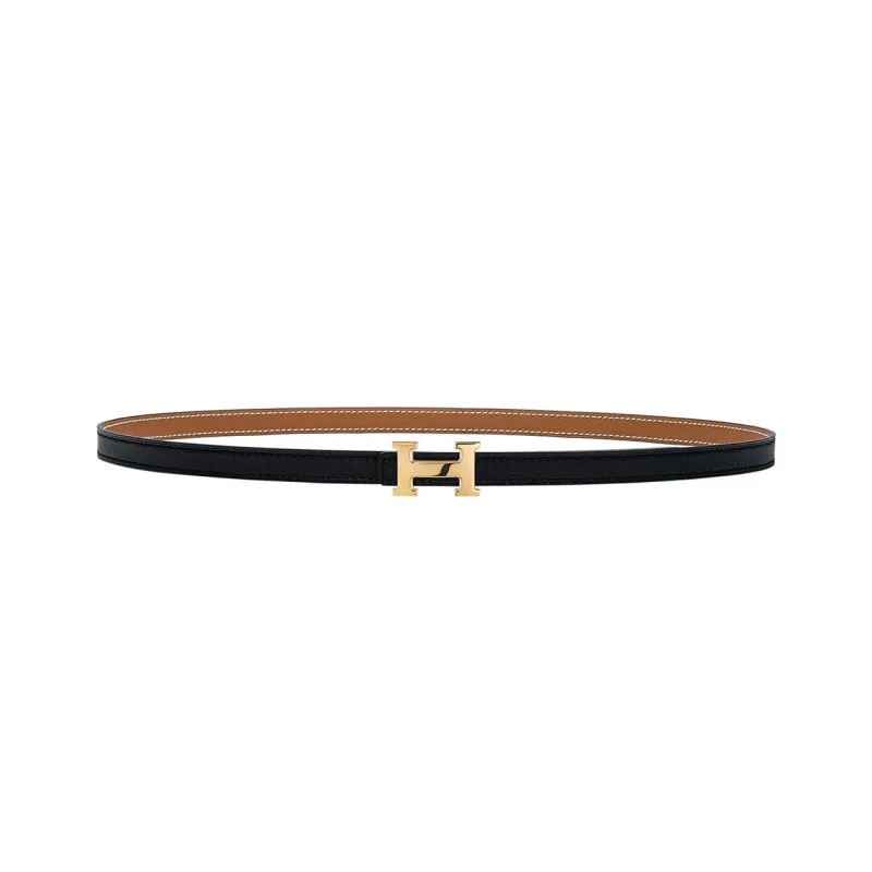 HERMES Mini H Classic Logo Double Sided Smooth Buckle Calfskin Leather Belts Women's Black Width 1.3CM-0