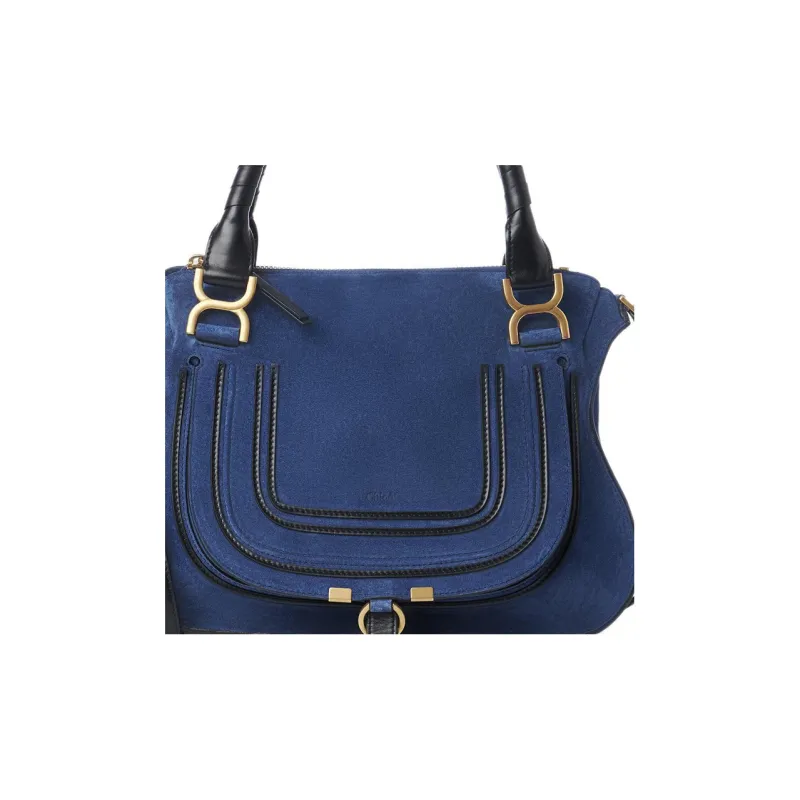 Chloe Marcie Suede Grain Calfskin Shoulder Bag, Crossbody Bag, Handbag Women's Blue/Black-2