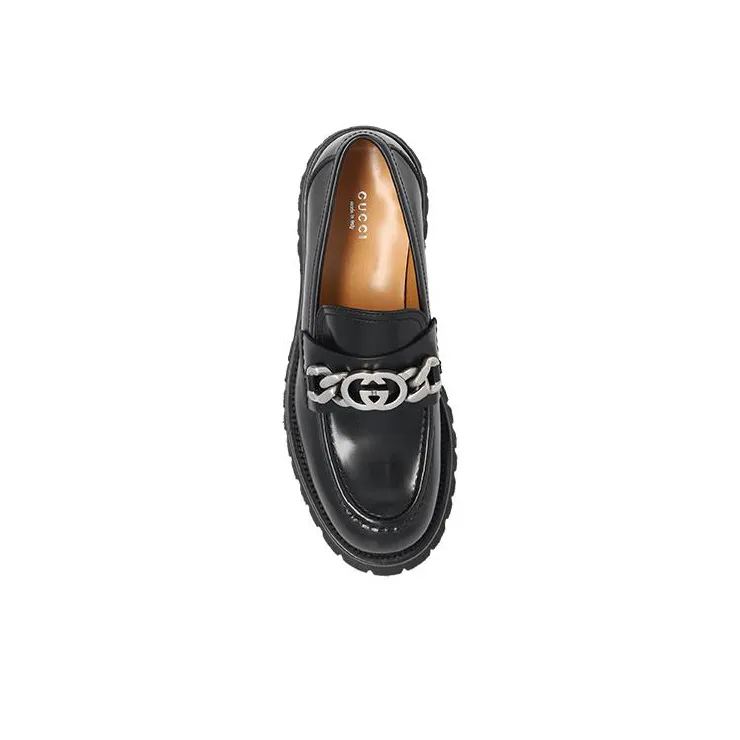 GUCCI Interlocking G-chain Leather Loafers-4