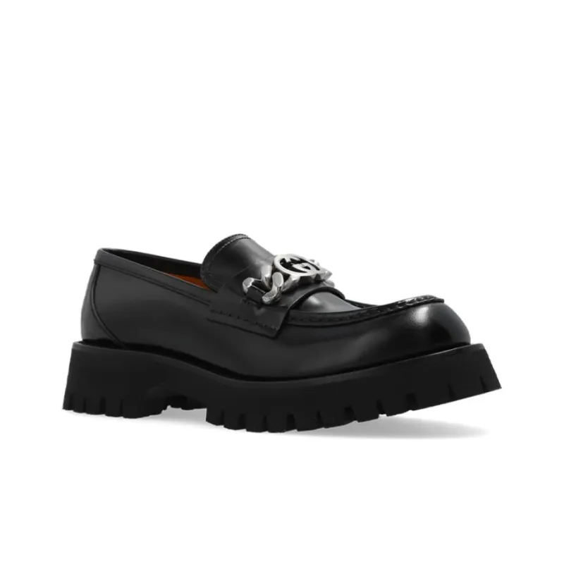 GUCCI Interlocking G-chain Leather Loafers-2