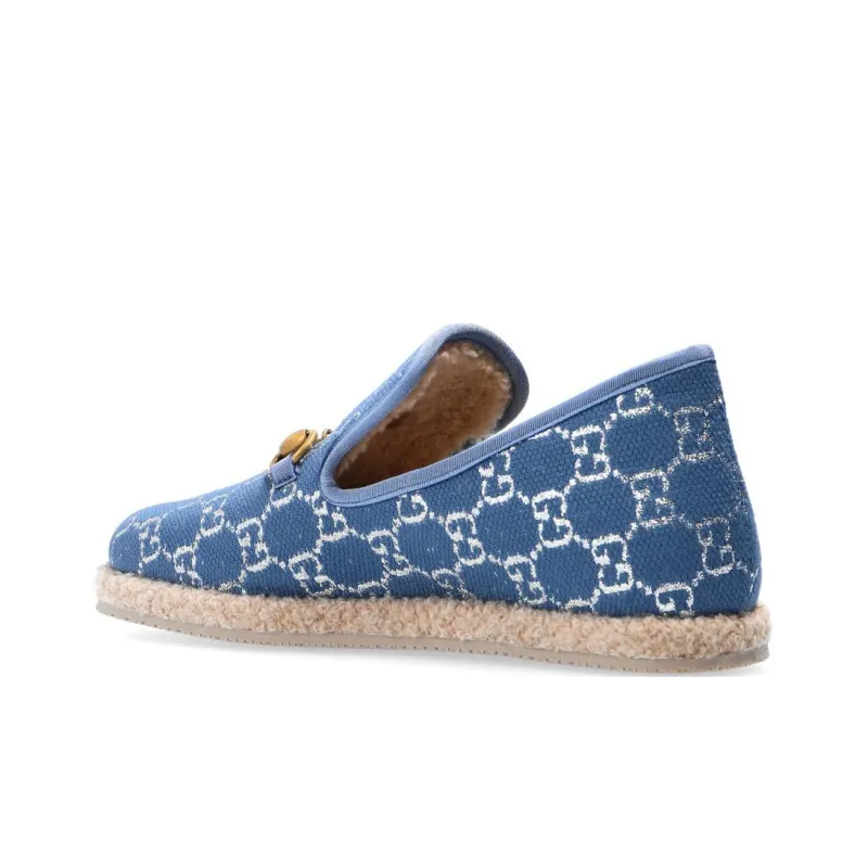 GUCCI Horsebit GG Lame Loafers Women's Blue-4