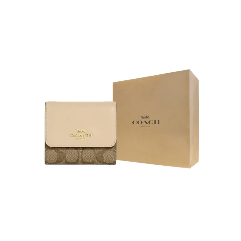 COACH Trifold Wallet Canvas With Leather Card Holder, Wallet Trumpets Women's Khaki & Chalk White-5