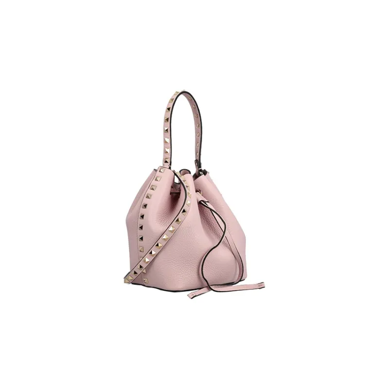 Valentino Rockstud Grain Calfskin Bucket Bag, Handbag, Shoulder Bag, Crossbody Bag Small Size Women's Pink-1