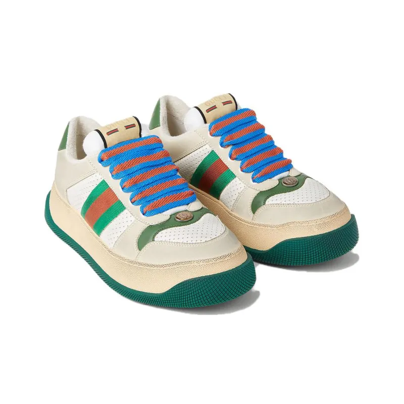 GUCCI Screener Pandy Dirty Shoes Low Top Stylish Skateboarding Shoes Women's Beige White Green Vintage Version-2