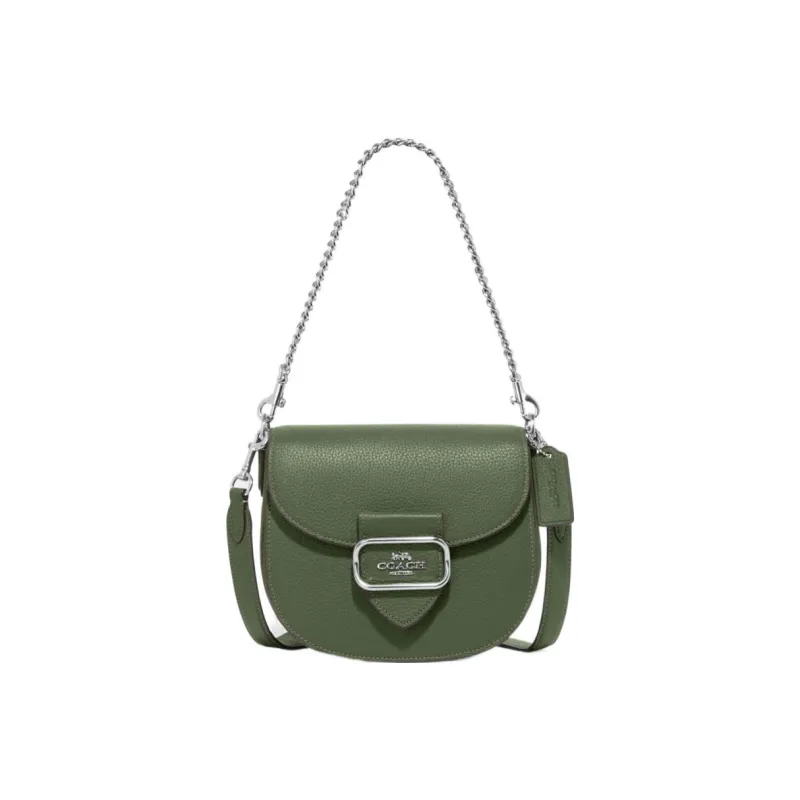COACH Saddle Pebbled Leather Saddle Bags One Shoulder Handbags Medium Size Women's Green-0