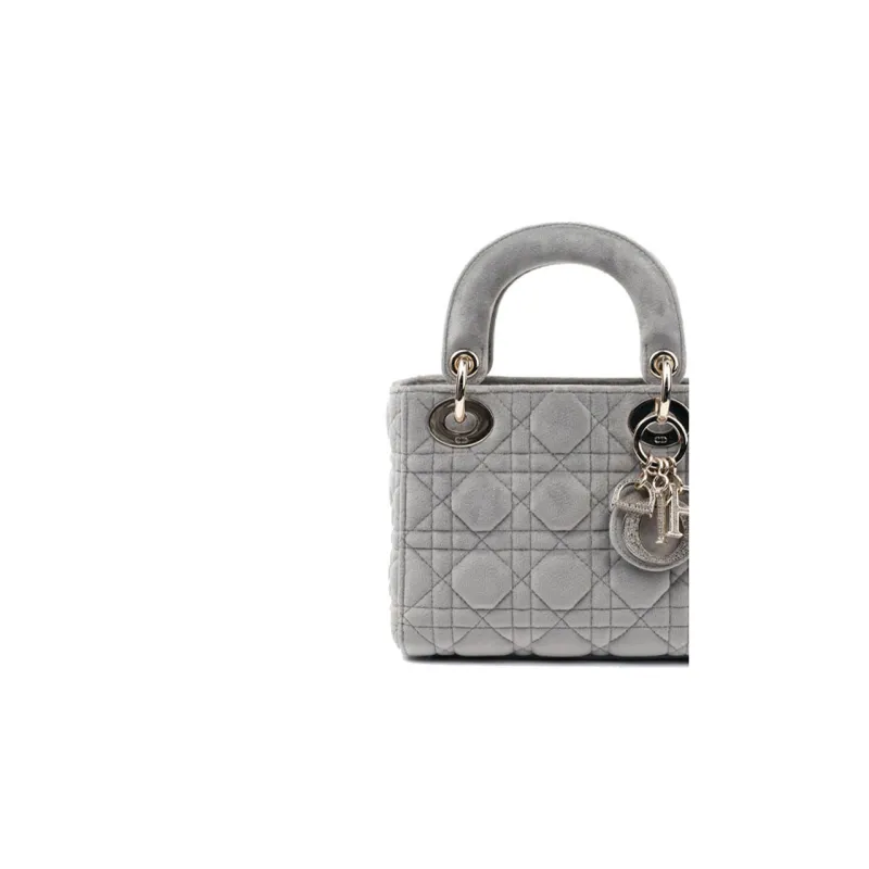 DIOR Lady Dior Velvet Material Dior Bag Shoulder Bag Crossbody Bag Handbag Small Size Women's Gray-5