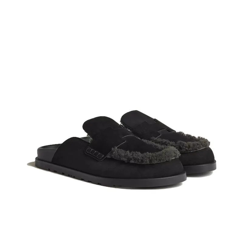 HERMES Go Rubber Sole Wrap toe Slippers Men's Black-2