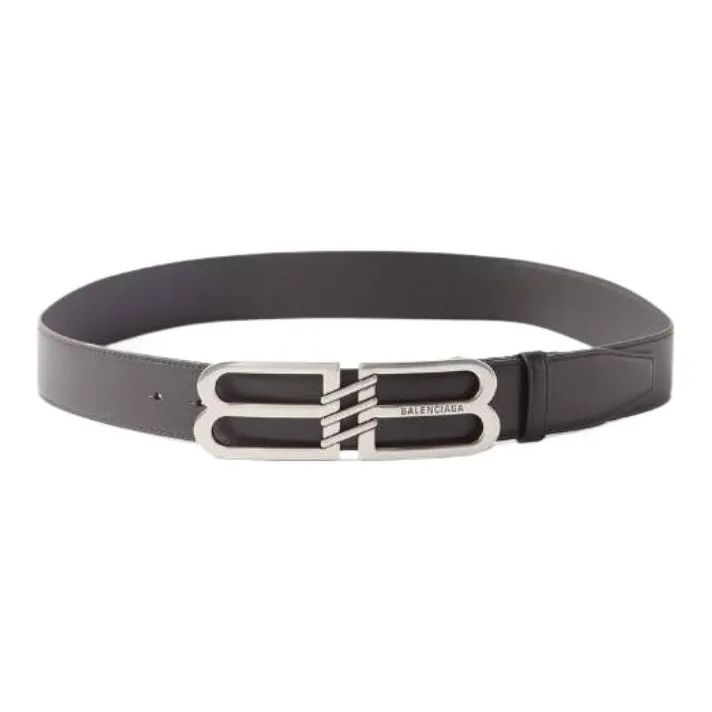 Balenciaga Double B Logo Lettering Engraved Smooth Buckle Calfskin Leather Belts Men's Black-1