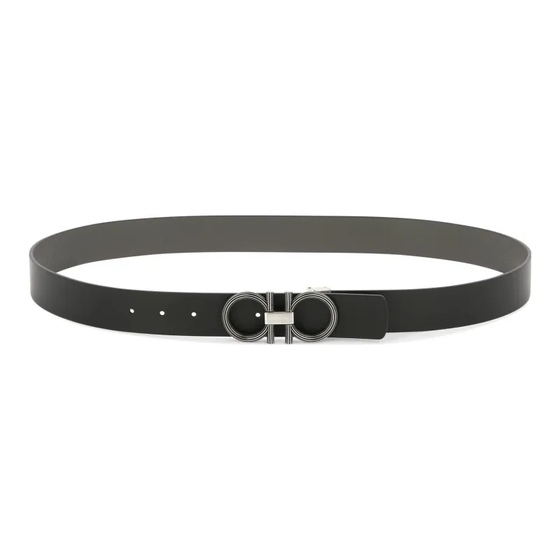 FERRAGAMO Ring Buckle Design Leather Belts Men's Black-0