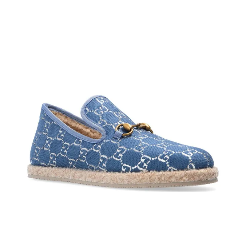 GUCCI Horsebit GG Lame Loafers Women's Blue-2