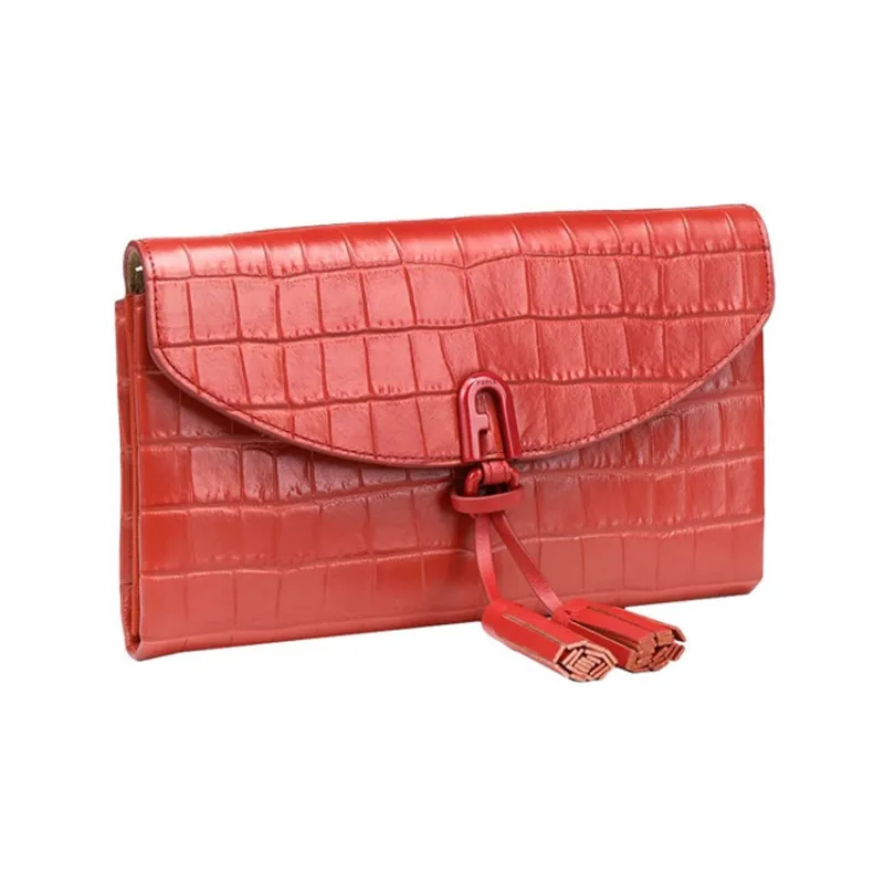 Furla Crocodile Embossed Genuine Leather Shoulder Bag Crossbody Bag Women's Red-1