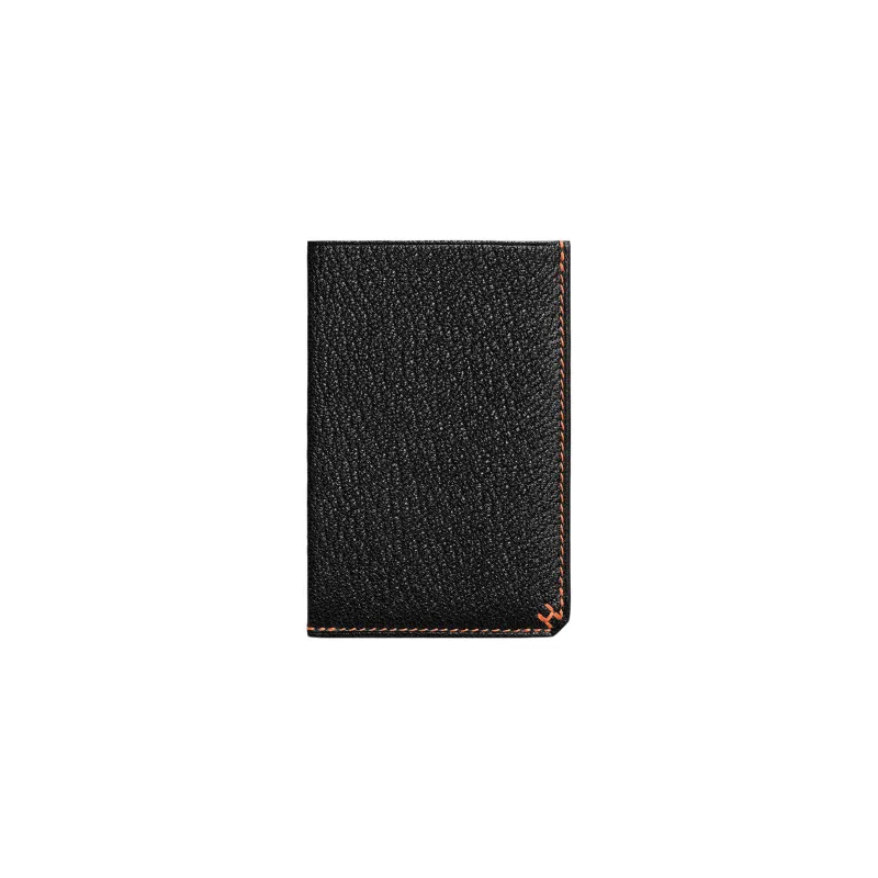 HERMES Mysore Goat Skin Wallets Card Holders Unisex Black/Aluminum Dan Orange-1