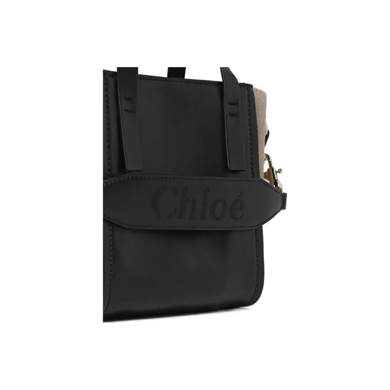 Chloe Shiny Calfskin With Linen Tote Bag Shopping Bag Shoulder Bag Crossbody Bag Handbag Small Size Women's Black-3