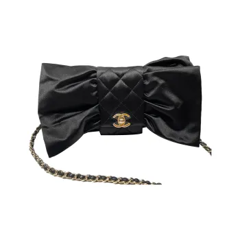 CHANEL Silk Satin Evening Bag Handbag, Shoulder Bag Women's Black