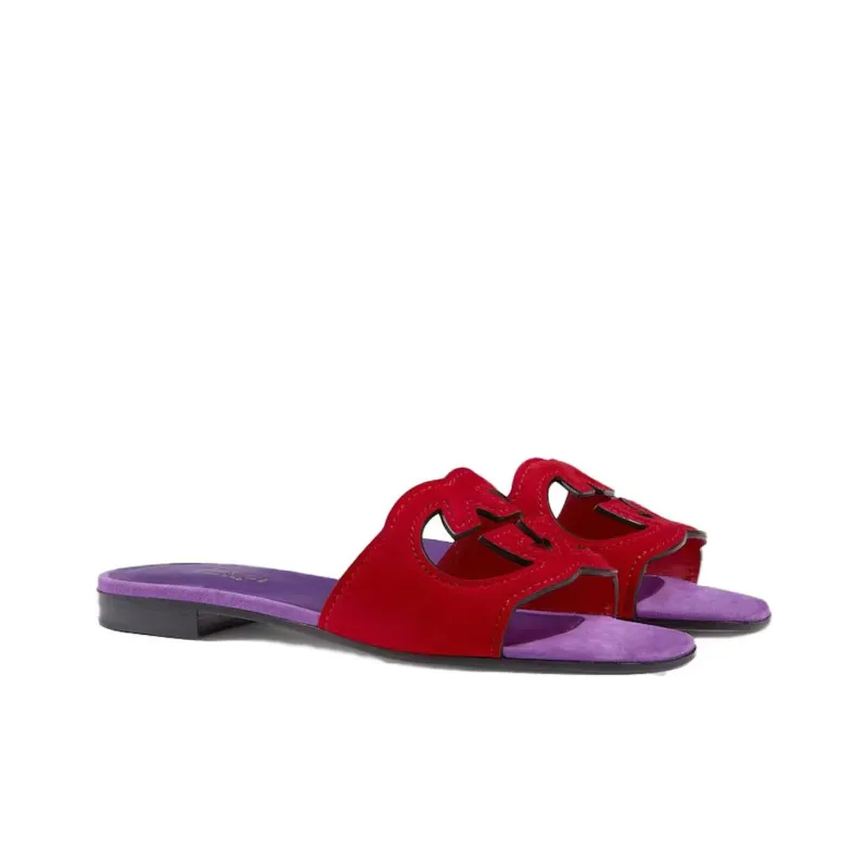 GUCCI Interlocking G Cut Slide Sandal Red Purple Suede-2