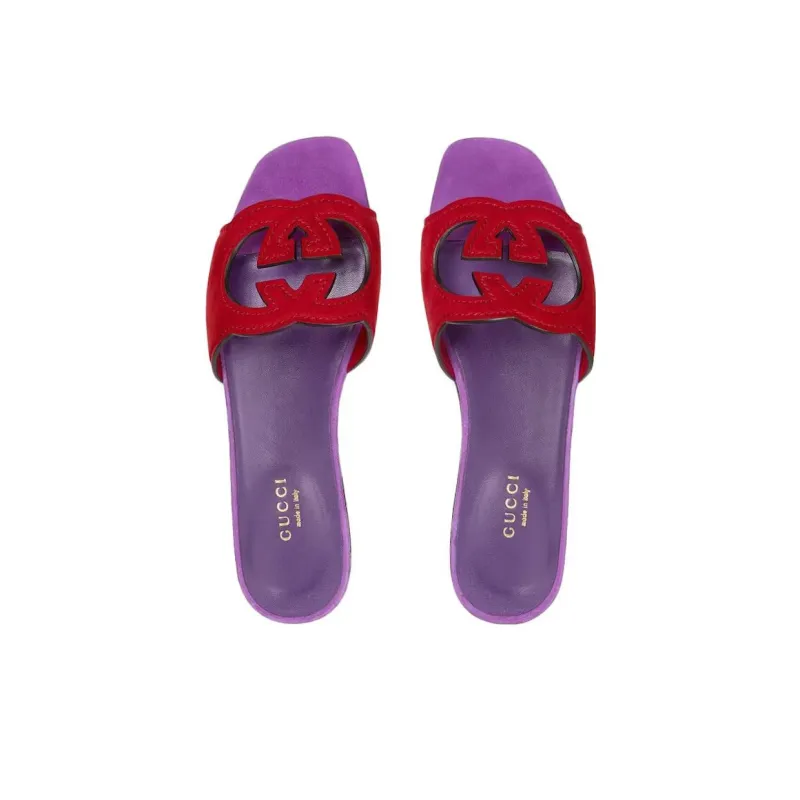 GUCCI Interlocking G Cut Slide Sandal Red Purple Suede-3
