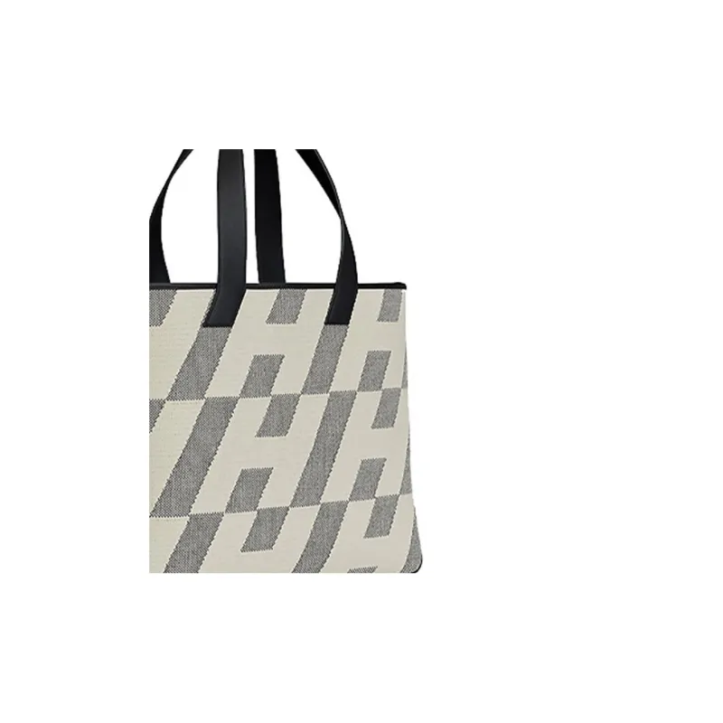 HERMES Cabas Motif Swift Fabric Cow Leather Handbag Women's Ecru/Noir Light Brown/Black-3
