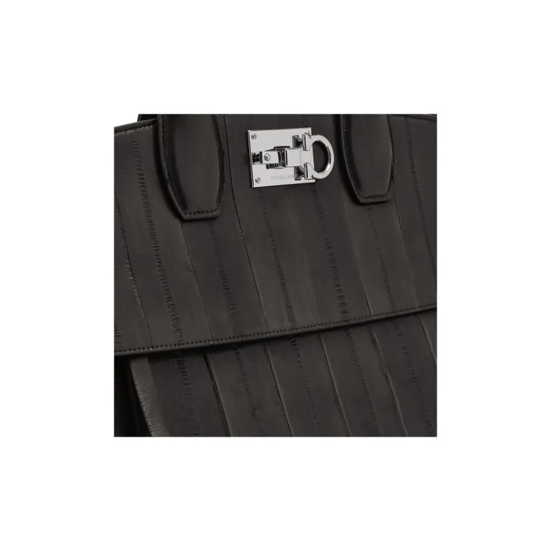 FERRAGAMO Studio Eel Skin Handbag Large Size Women's Black-5