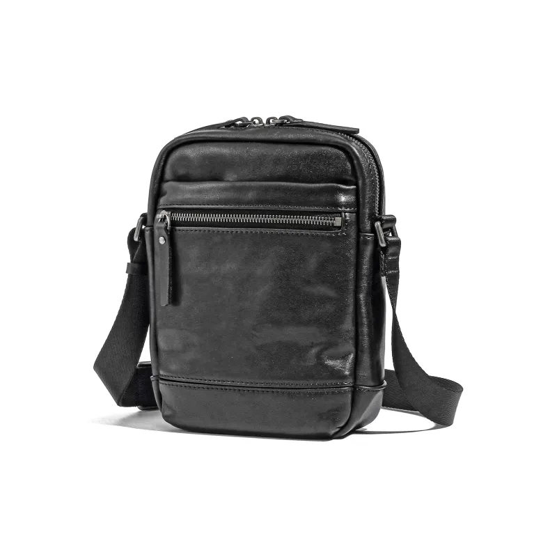 Ace Paul Vegetable Tanned Top Grain Cow Leather Shoulder Bag, Crossbody Bag Large Size Men's Black-1
