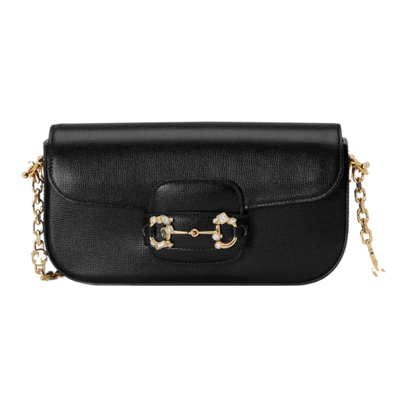 GUCCI Horsebit 1955 Leather Shoulder Bag Baguette Bag Crossbody Bag Shoulder Bag Women's Black-0