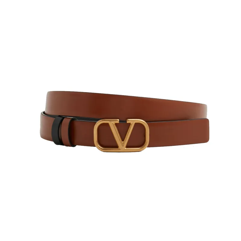 Valentino Logo Emblem Double Sided Smooth Buckle Leather Belts Women's Brown Width 2CM-1