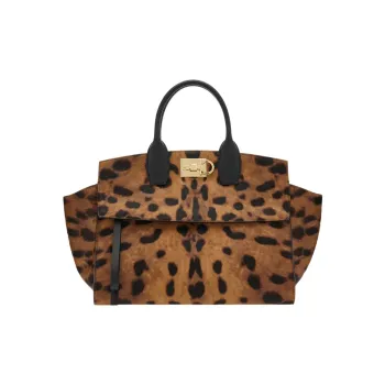FERRAGAMO Studio Calfskin Suede Handbag Medium Size Women's Beige/Dark Brown/Black
