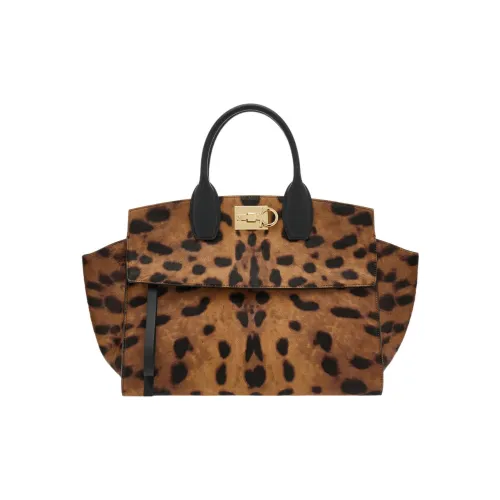 FERRAGAMO Studio Calfskin Suede Handbag Medium Size Women's Beige/Dark Brown/Black