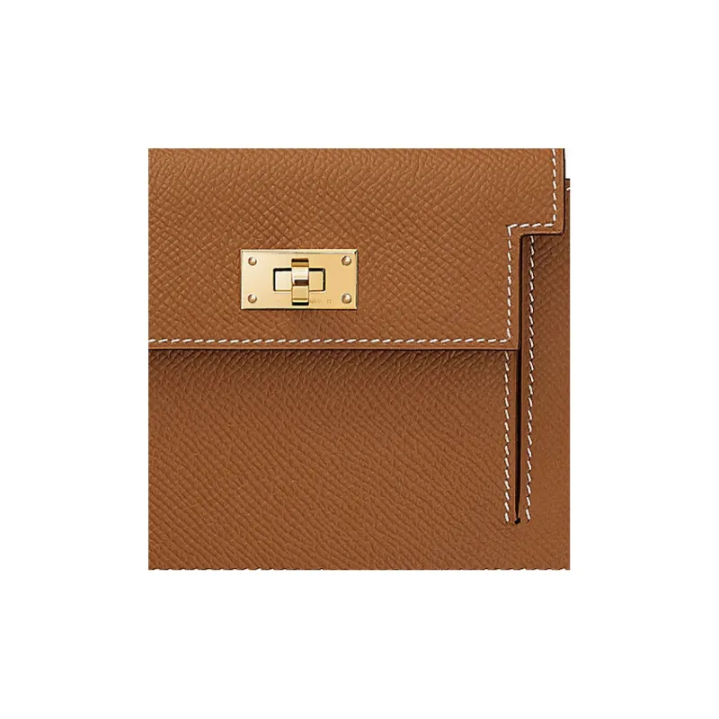 HERMES Kelly Pocket Cow Leather Coin Purse Unisex 37 Gold Brown-4