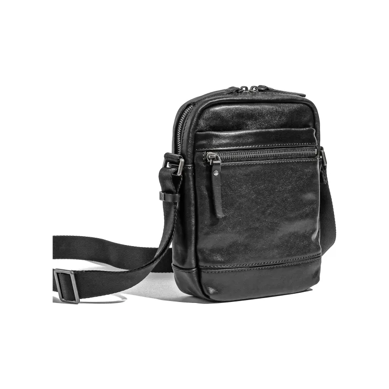 Ace Paul Vegetable Tanned Top Grain Cow Leather Shoulder Bag, Crossbody Bag Large Size Men's Black-2