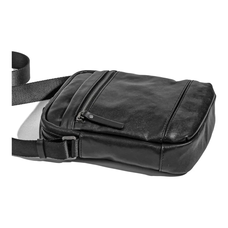 Ace Paul Vegetable Tanned Top Grain Cow Leather Shoulder Bag, Crossbody Bag Large Size Men's Black-5