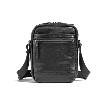 Ace Paul Vegetable Tanned Top Grain Cow Leather Shoulder Bag, Crossbody Bag Large Size Men's Black