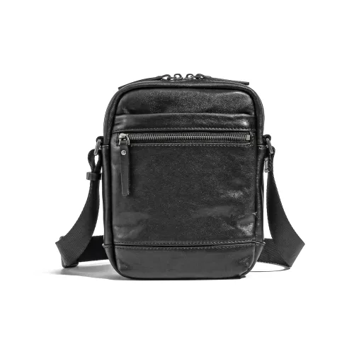 Ace Paul Vegetable Tanned Top Grain Cow Leather Shoulder Bag, Crossbody Bag Large Size Men's Black