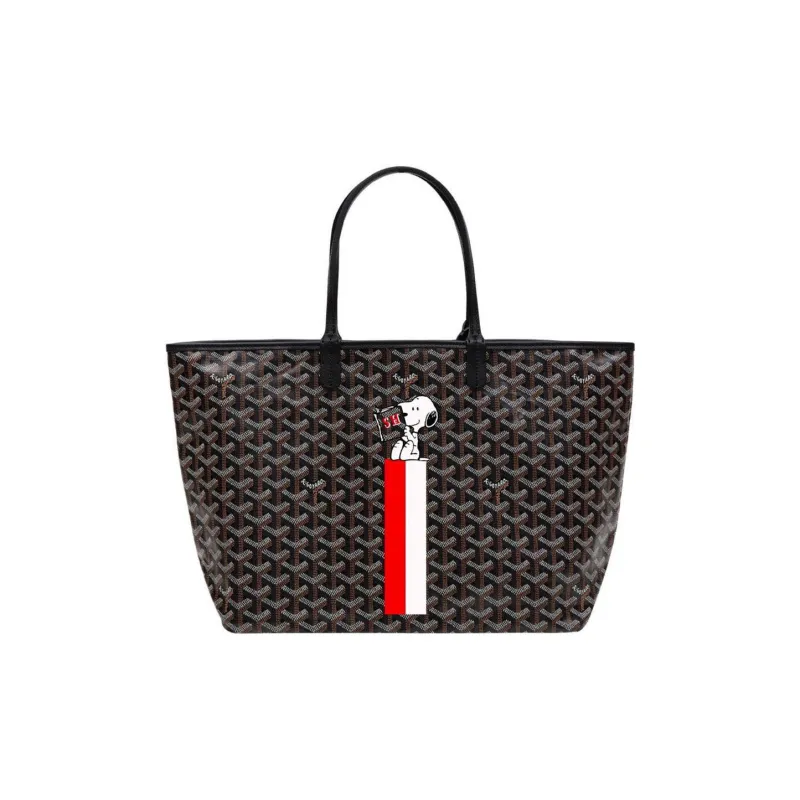 GOYARD Saint Louis Canvas With Calfskin Dog's Teeth Tote Bag Shopping Bag Handbag Small Size Unisex Black-0