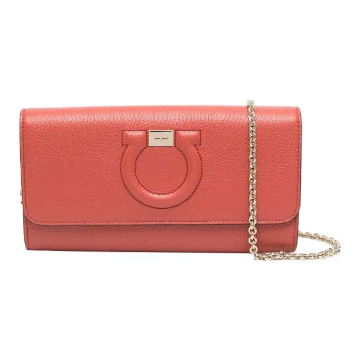 FERRAGAMO Leather Wallet Crossbody Bag Shoulder Bag Women's Orange Red-0